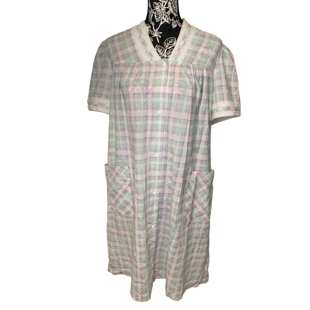 White Stag Plaid Snap Front Sleep Shirt Nightgown Pastel Women Small Pajamas